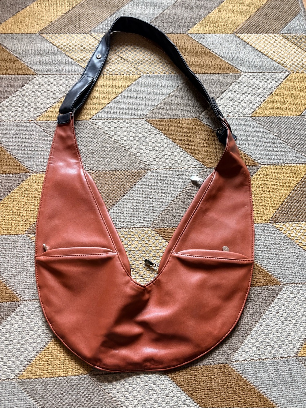 Sash Bag Cognac Brown & Black Faux Leather Ergonomic Crossbody Sling Purse